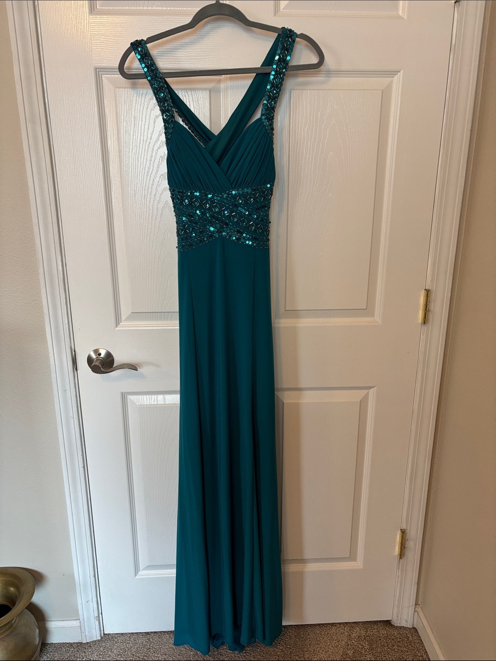 Night Way Collections Teal Beaded V-Neck Prom Gown
